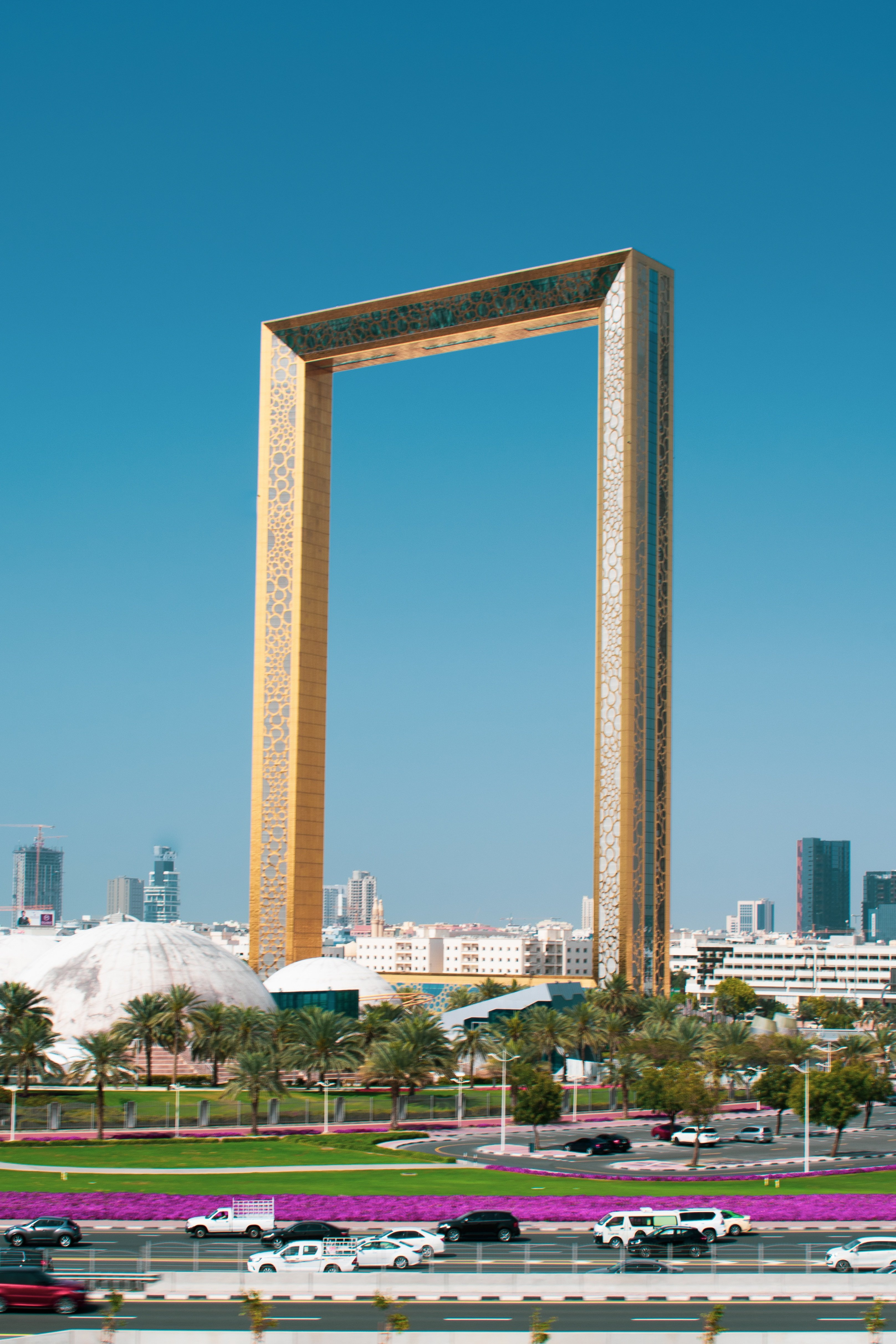 Dubai Frame with a clear blue sky in the background